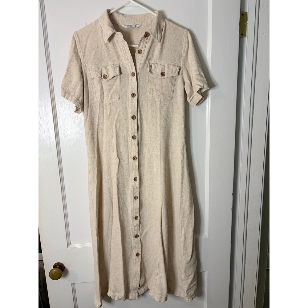 Stradivarius Womens Linen Blend Short Sleeve Button Front Midi Shirt Dress L